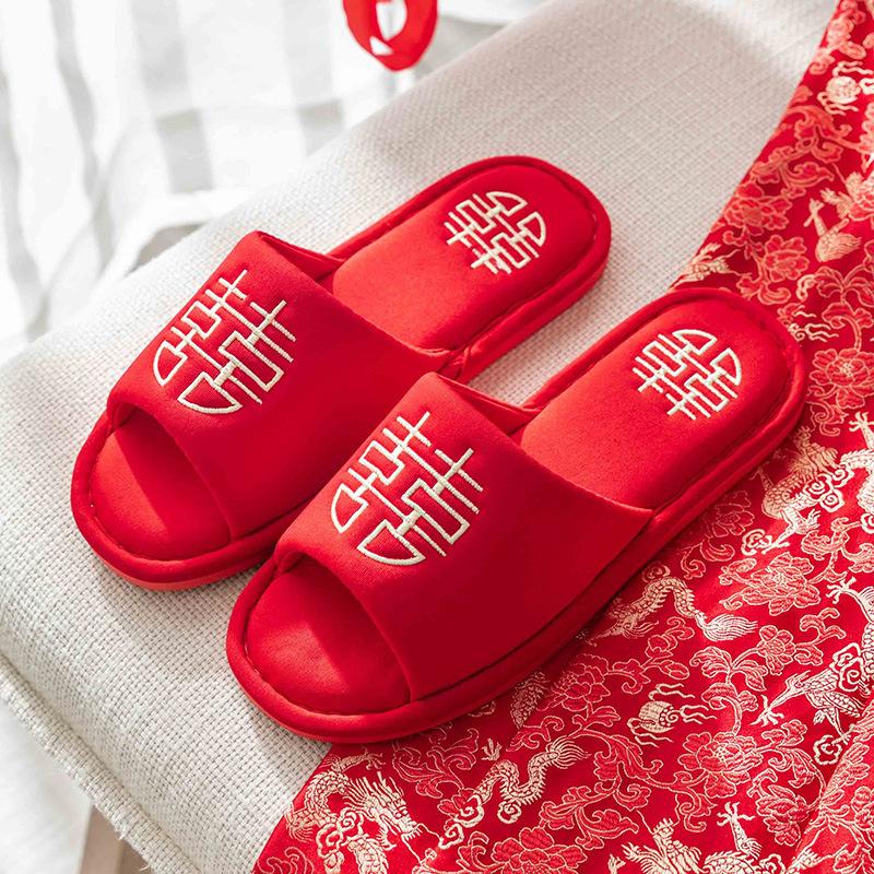 Wedding linen slippers women's summer spring and autumn four seasons drag new wedding slippers dowry festive big red pair of natal year