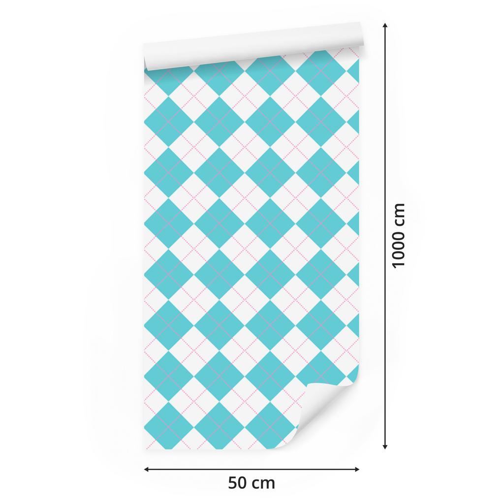 Pink and Blue Checkered Wallpaper, Celadon and White, 50x1000