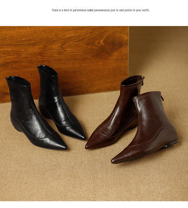 French Stretch Slimming Boots: Autumn/Winter Fleece-lined, Retro Style, Soft Leather, Inner Height Increase, Back Zipper Short Boots