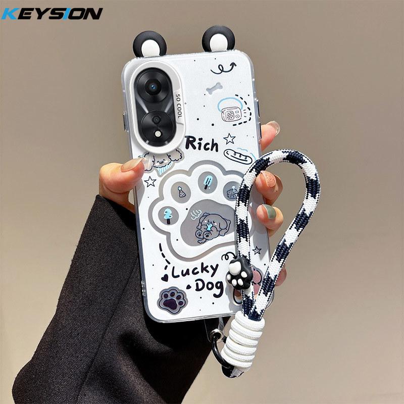 KEYSION Cute Ear Cartoon Case for OPPO A58 4G A38 A18 with Lanyard Soft Silicone+PC Shockproof Phone Back Cover for OPPO A17 A17K