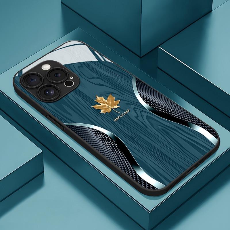 Luxury Maple Leaf Wood Grain Curve Pattern Glass Phone Case For iPhone 17 16 15 14 Pro Max 13 12 11 16E 17Air 7 Plus XS X Cover