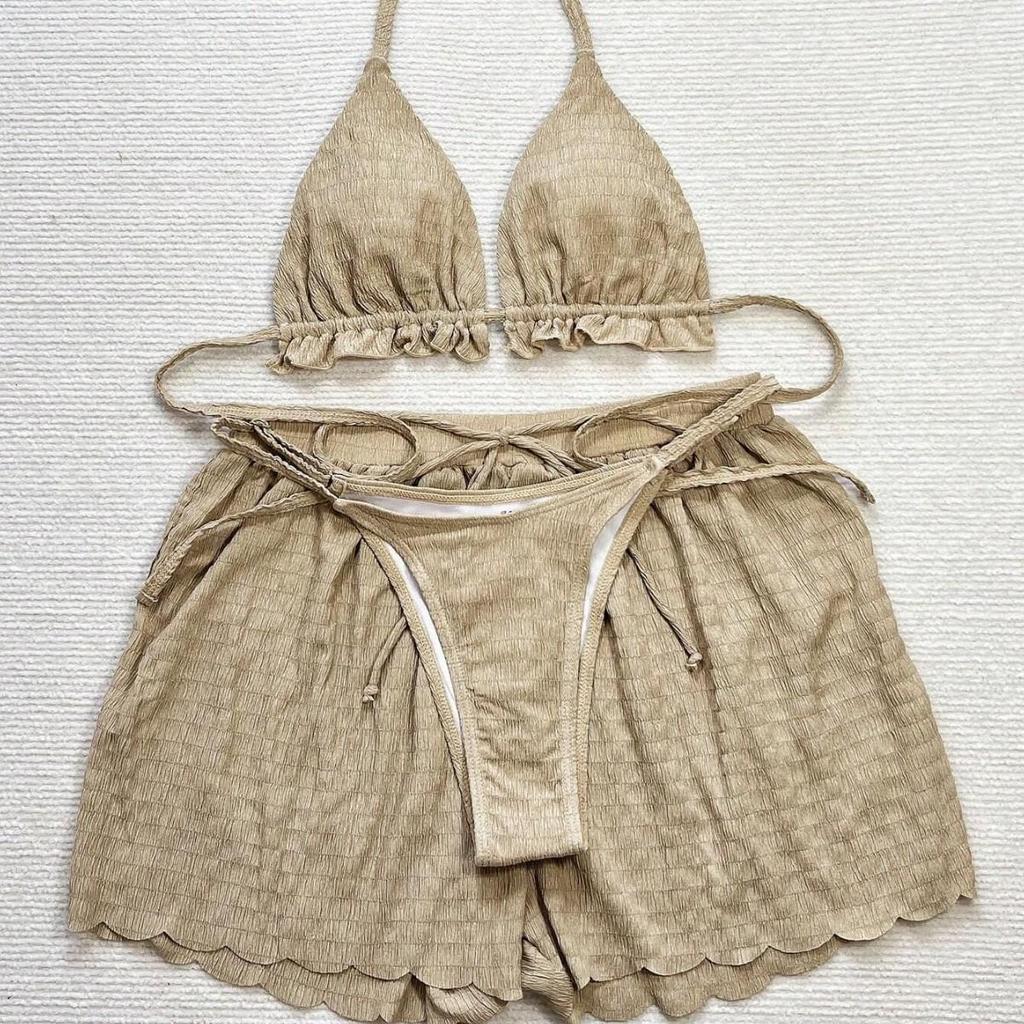 European & American Sexy Solid Color Three-Piece Bikini Set - Special Fabric Women's Beachwear for Vacation