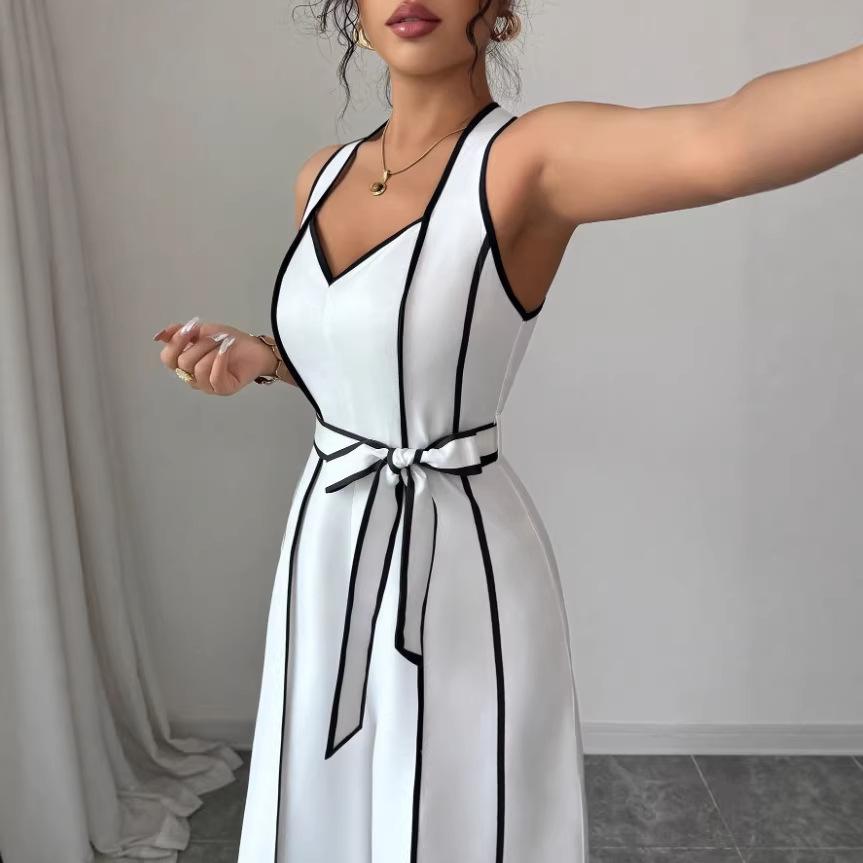 Amazon European and American cross-border women's new French striped sleeveless V-neck black and white contrasting wide-leg jumpsuit