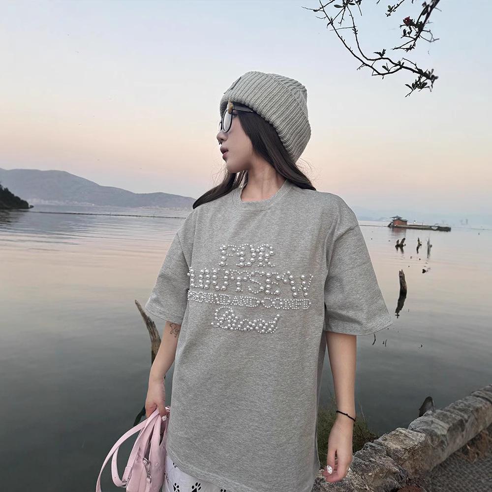 Damen Retro Baumwoll-T-Shirt mit schwarzen Perlen, Sommerkollektion 2025