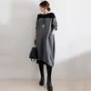 Dames Ronde Hals Lange Mouw Midi Jurk Oversized Rechte Pasvorm Losse Taille Tweekleurig Kleurblok Zak Gebreid Casual Maxi Jurk
