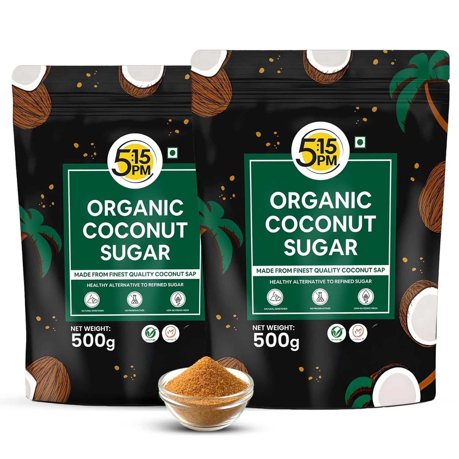 5:15PM Organic Coconut Sugar 500 g X Pack Of 2 Unrefined Natural Sweetener For Baking Cooking Drinks Use