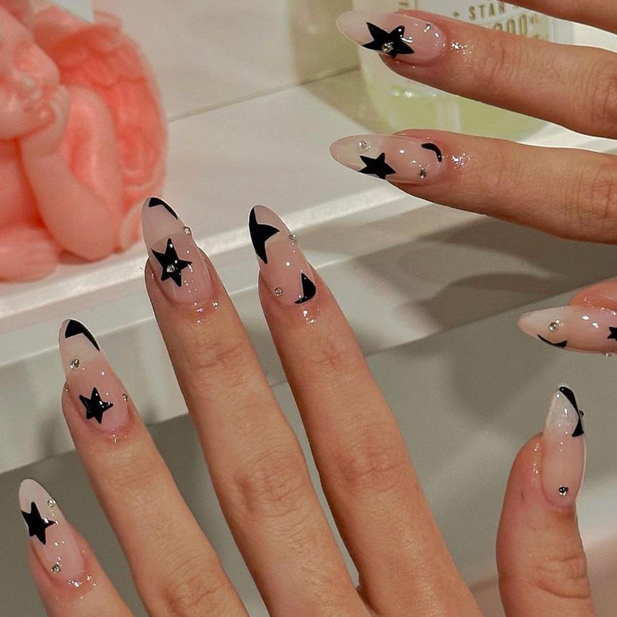 

Rhinestone Star Almond Press-On Nails – Hot French Ins Style Manicure Tips