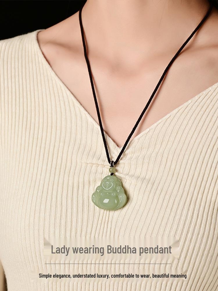 Natural Hetian Jade Guanyin & Buddha Couple Pendants – Clear Water Big Belly Bodhisattva Design.