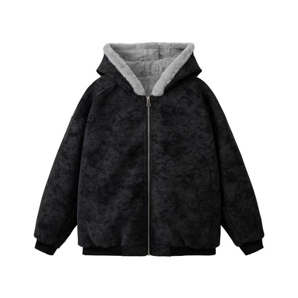 Unisex Heavyweight Cotton Hooded Jacket with Carved Eagle Design, Winter Velvet Thickened, Casual Loose Fit