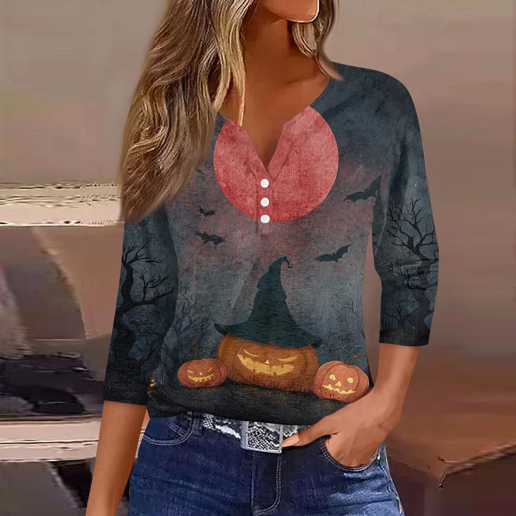 Women's Casual Halloween Print V Neck Button Front Three Quarter Sleeve T Shirt Top Lightweight Soft Fabric Comfortable Fit