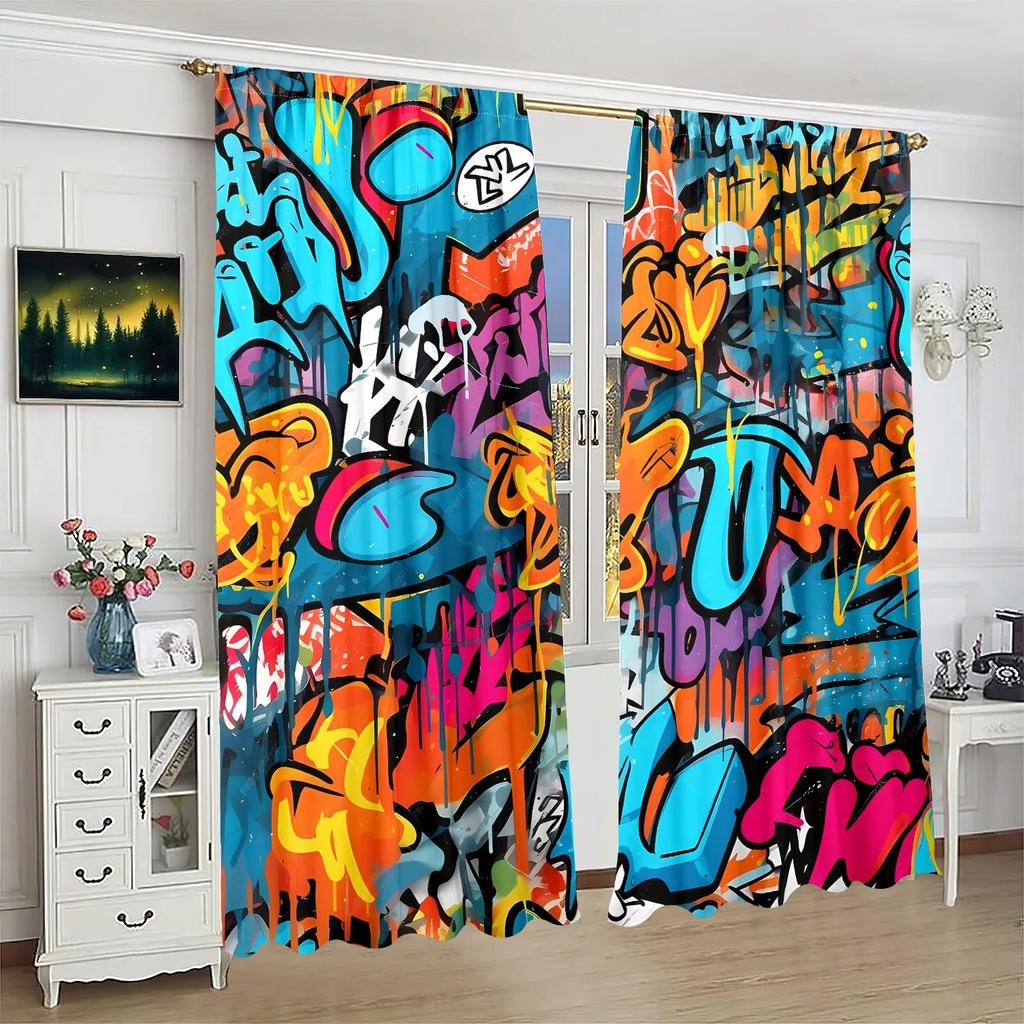 Set Of 2 Graffiti Art Print Curtain Design Window Drapes Living Room Bedroom Decor With Rod Pocket Polyester Perfect For