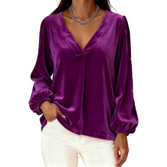 Women Tops V Neck Lantern Long Sleeve Solid Color Casual Tops Loose