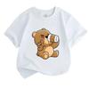 Cute Cartoon Bear Telescope Print Kids 100% Cotton T-shirt, Unisex Boys Girls Crew Neck Short Sleeve Casual Soft Breathable Tee Tops for Daily Summer