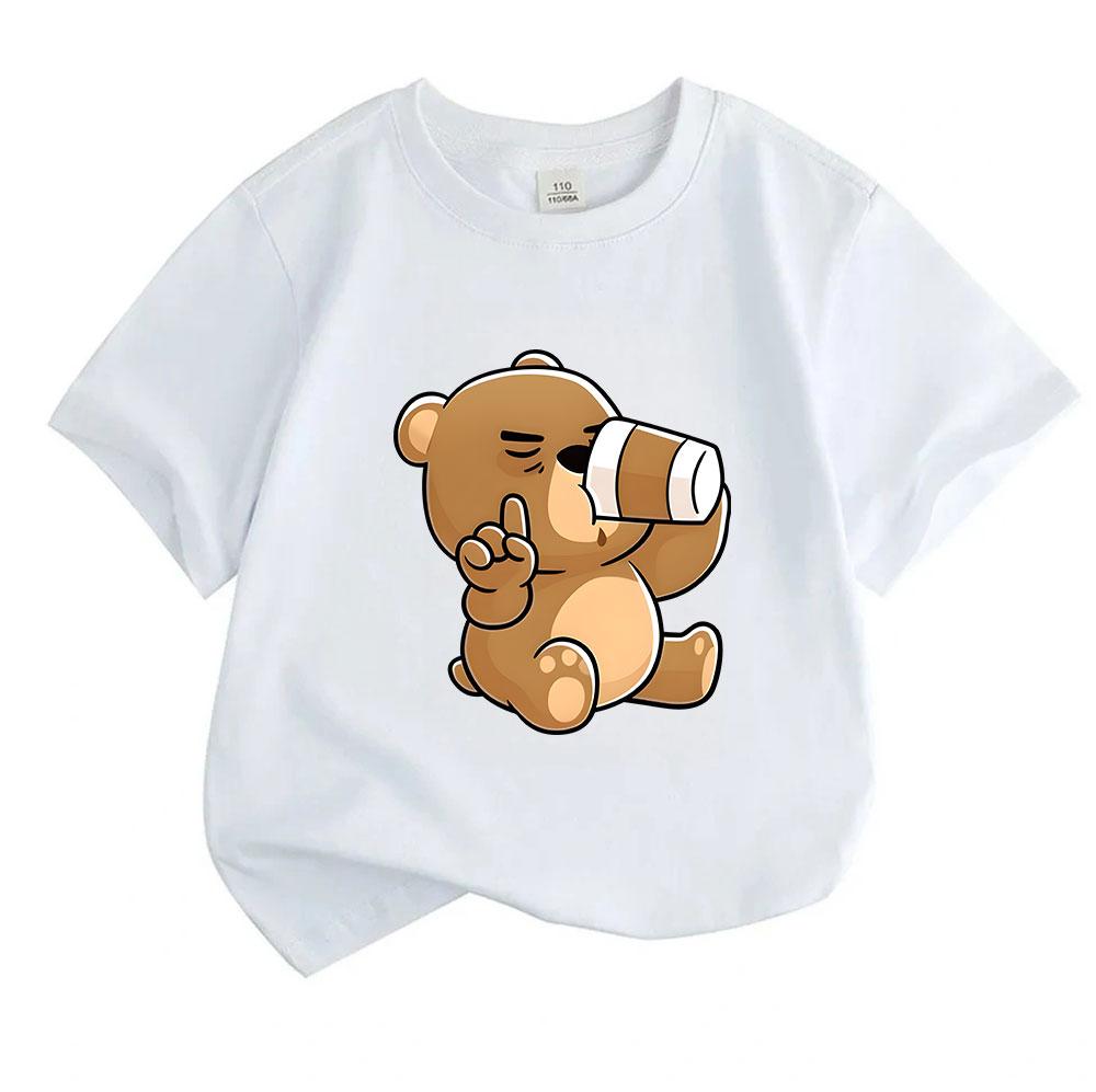 Cute Cartoon Bear Telescope Print Kids 100% Cotton T-shirt, Unisex Boys Girls Crew Neck Short Sleeve Casual Soft Breathable Tee Tops for Daily Summer