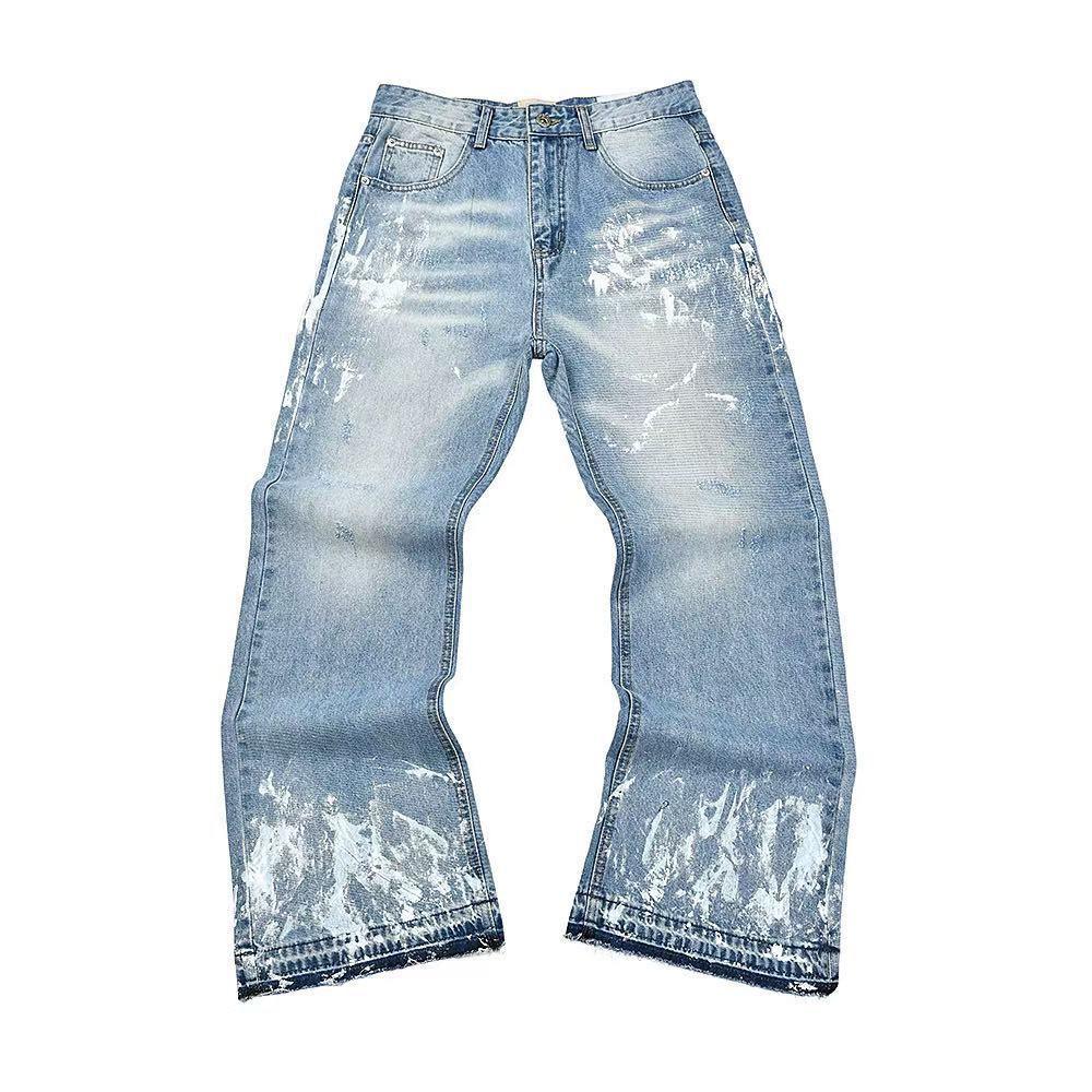 

FlowStreet Fashion 3D Chain Printed Contrast Color Jeans Niche Design High Waist Casual Denim Pants M