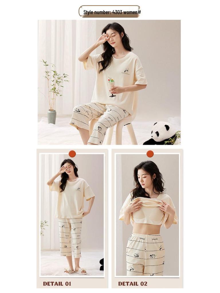 2025 Women's Summer Capri Pajama Set: Short-Sleeve, Thin Cotton with Breast Pads, Versatile for Home or Outside Wear