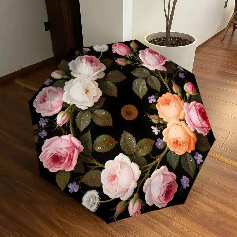 1pc Roses and Dandelions Circular Arrangement Umbrella with Plastic Handle,Suitable for All Seasons Home Travel Outdoor UmbrellaDD1829