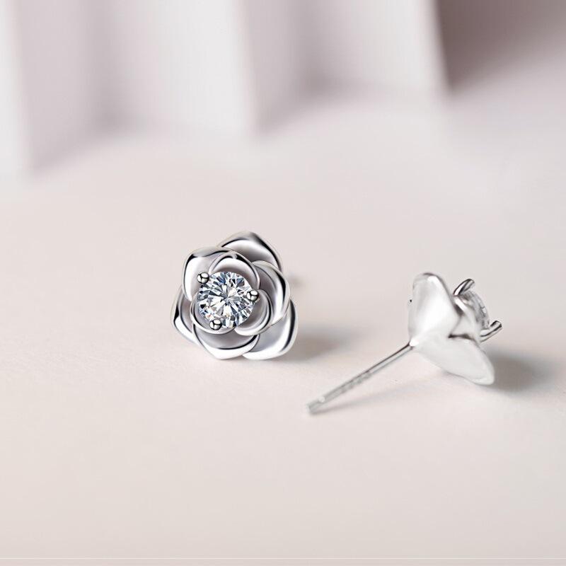 925 Silver Earrings Rose Flower for Women Sterling-Silver Wedding Jewelry Elegant Female Accessories Fashion 5A ZirconGift