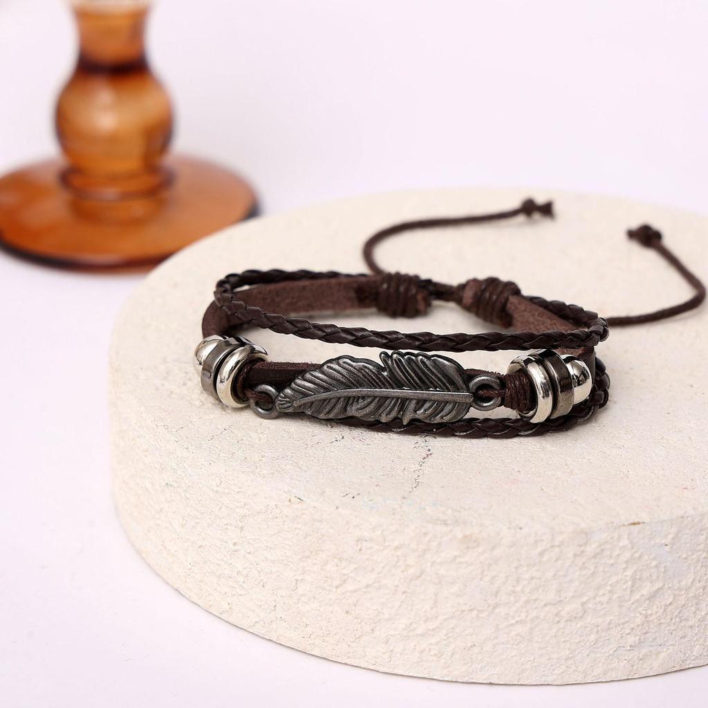 Retro Star Leaf Multilayer Elastic Men's Bracelet Set - 6 Pieces