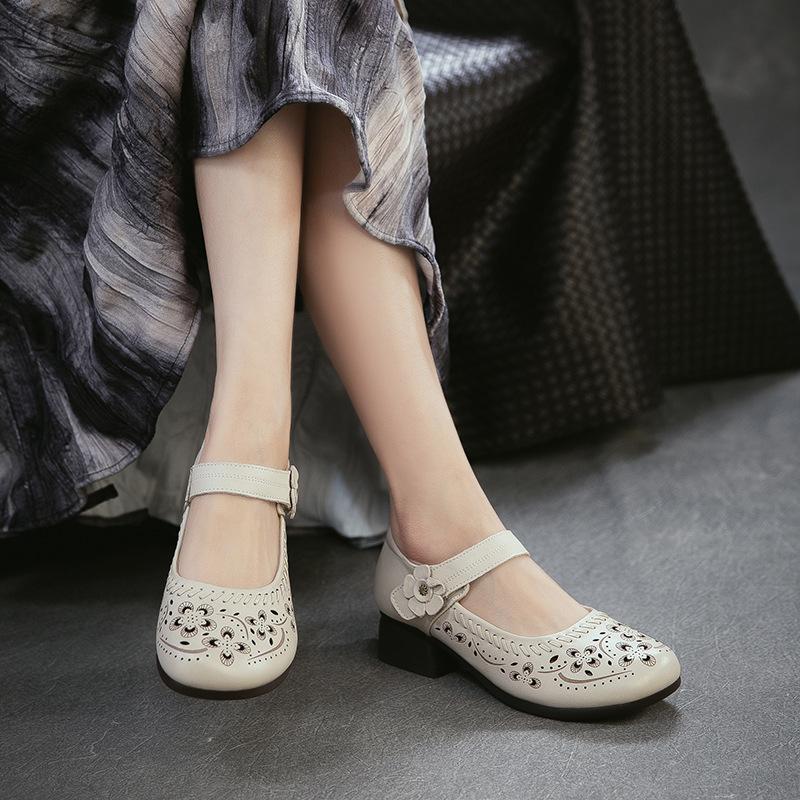 2026 Summer New Retro Elegant Small Heel Hollow Out Ventilated First Layer Cowhide Magic Clip Women Shoes