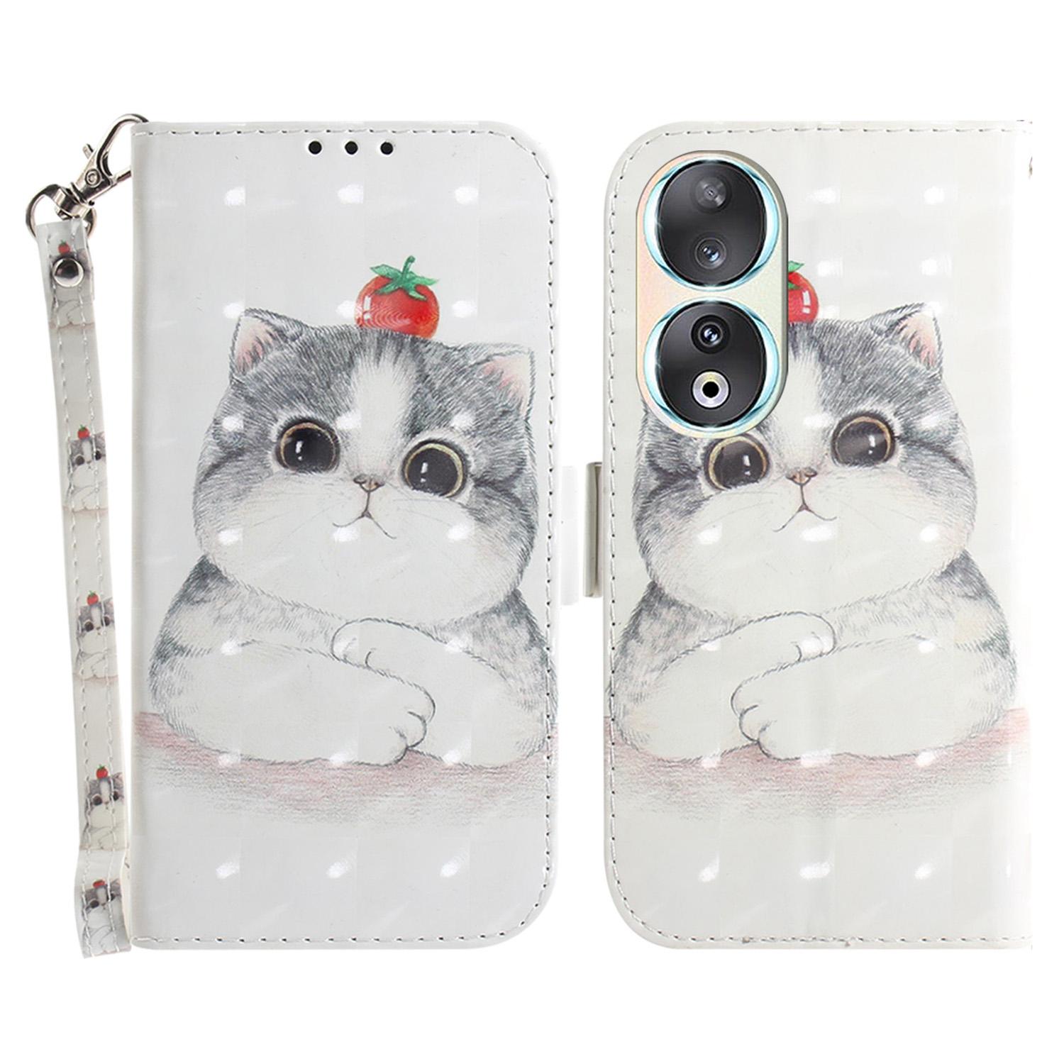 

Для Honor 90 Чехол для телефона из искусственной кожи с 3D-принтом, подставка, кошелек, противоударная крышка со шнурком Cute Cat