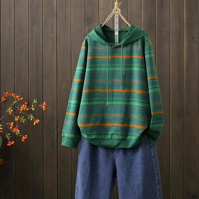 Sweatshirt for Women Cotton Oversize Hooded Loose Striped Casual Pullover Long Sleeve Sweatshirt Top S зелёный