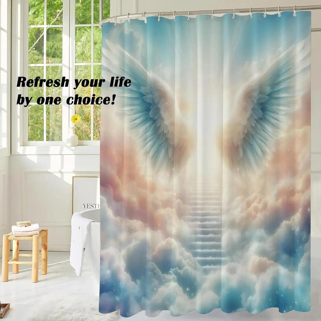 Blue Funny Angel Wings Shower Curtain, Waterproof Fabric Shower Curtain For Bathroom Cute Home Decoration, 180X180Cm