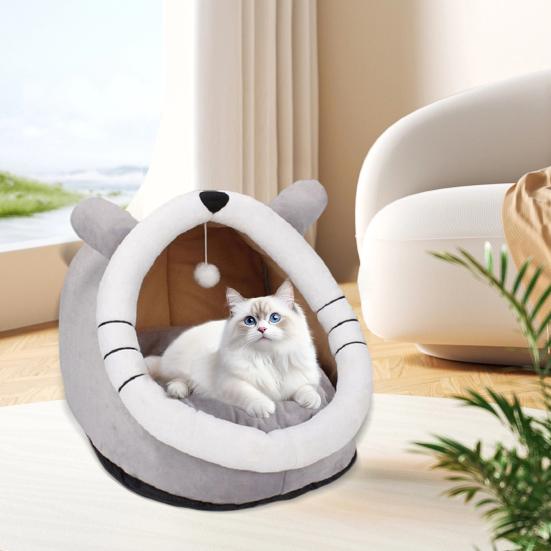 Pat peșteră pisică drăguță Cuib amuzant pentru pisici cu bilă suspendată Pat confortabil pentru calmarea pisicilor cu urechi Perna lavabilă detașabilă pentru pisici de interior, pisoi și animale de companie mici