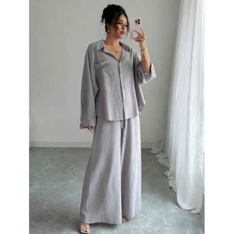 Spring Fashion Plus-Size Women's Two-Piece Set: Linen-Style Shirt & High-Waisted Loose Pants