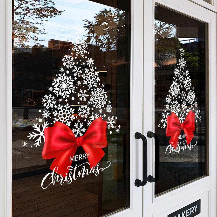 Large Christmas Window Sticker with Red Bow and Snowflakes, Holiday Party Decoration Atmosphere Arrangement Home Decoration