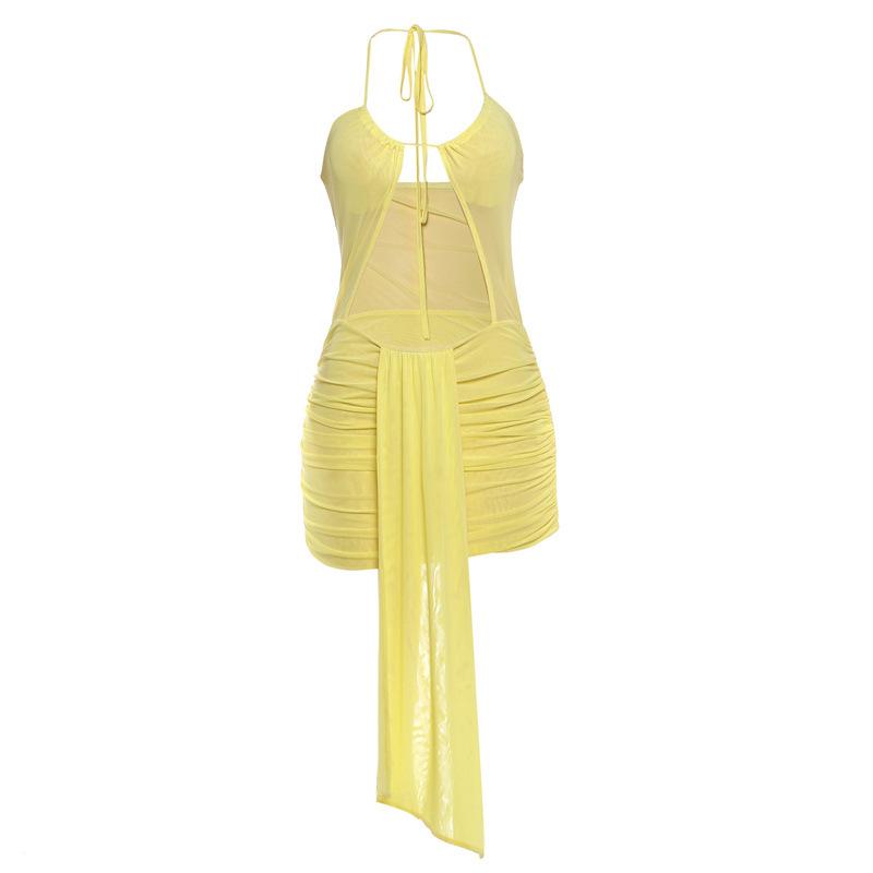 European and American style 2026 spring new fashionable and sexy hollow backless neck solid color streamer hip dress S