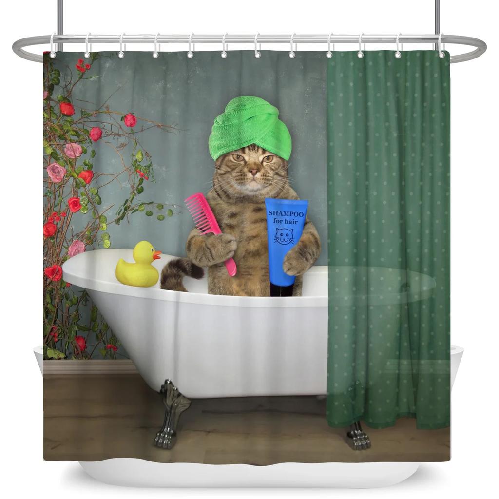 Hrdinský Velký bílý žralok s pistolí Kočka Vtipný sprchový závěs Pro kryt vany Kryt koupelny Koupání Extra velký Široký 12 ks háčků