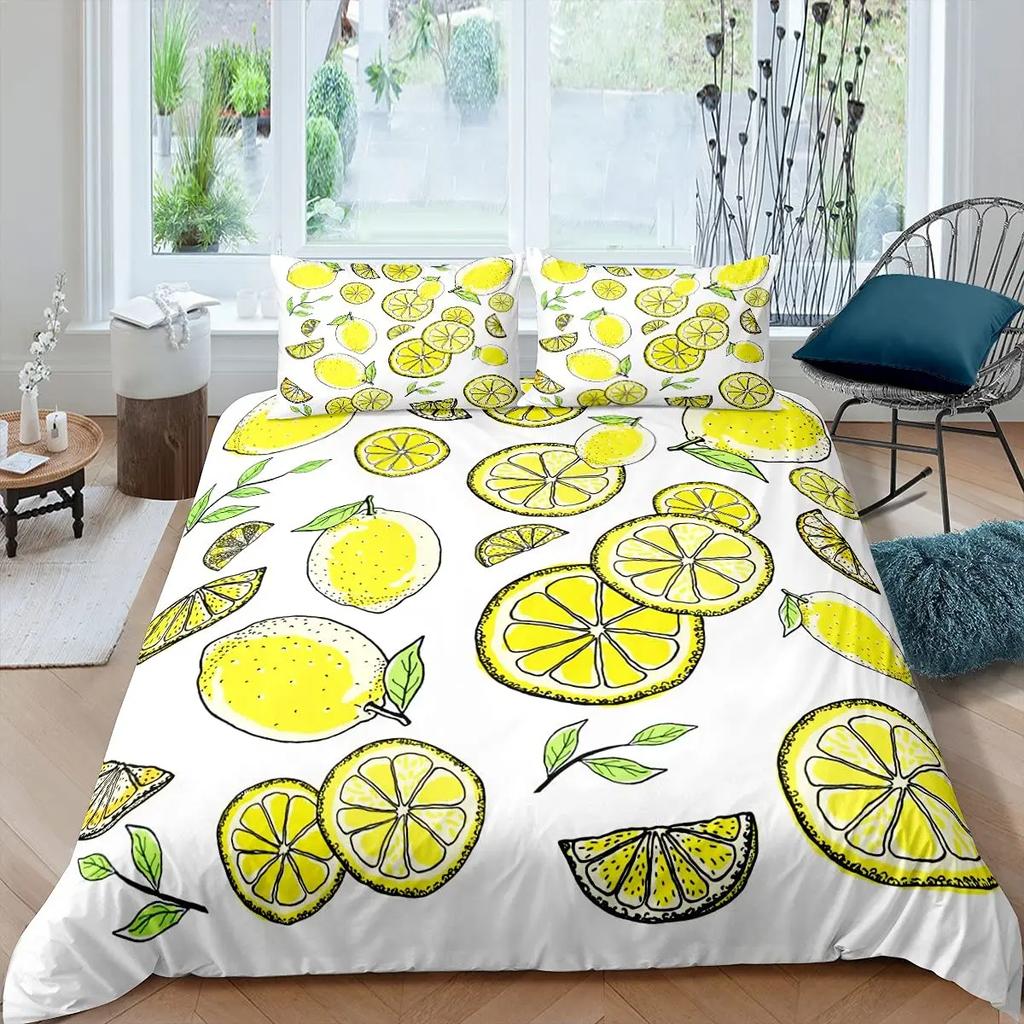 Lemon Duvet Cover Set,Bedding Set 3pcs for Teens Room,Botanical Natural Bright Yellow and Black Quilt Cover with 2 Pillowcases