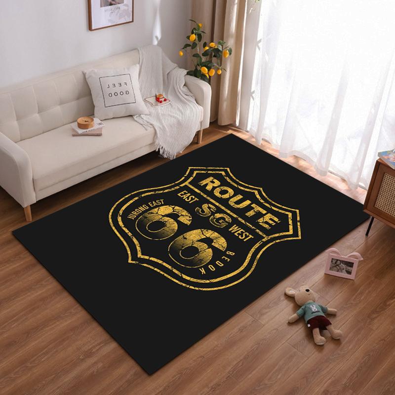 Route 66 Decorative Carpet, Black Background with Gold Print Design Suitable for use as an anti-slip for living room bedroom sofas
