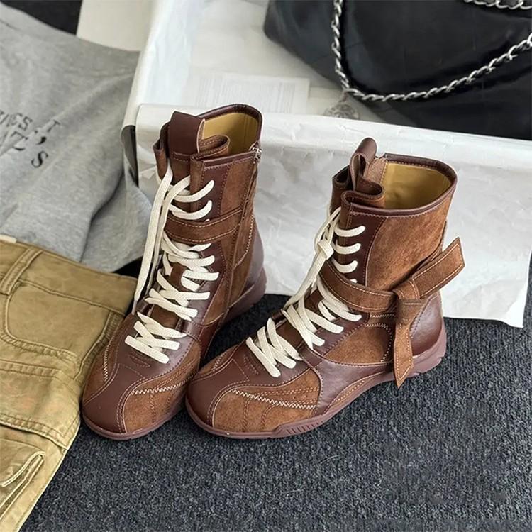Sheepskin Version~ Retro Versatile Matte Leather Boxing Boots Women's Straps Side Zipper Outer Wear Mountaineering Training Martin Boots