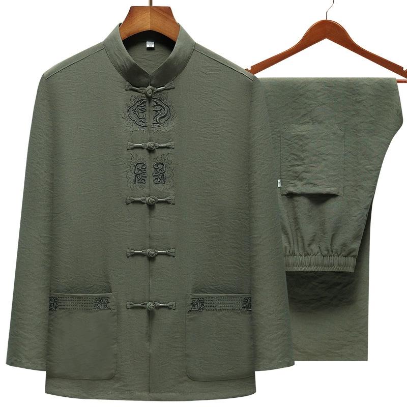 

Плюс размер мужской костюм кунг-фу вышитый костюм Тан весна осень рубашка + брюки китайская традиционная одежда тайцзи 2 шт 4XL 4XL