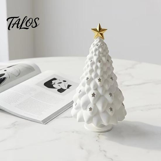 Eco Friendly Pla Ornaments Christmas Tree Candle Holder, 3D Printed Hollow Star Cutout Modern Home Aesthetic Accents Statue, Matte White Tabletop