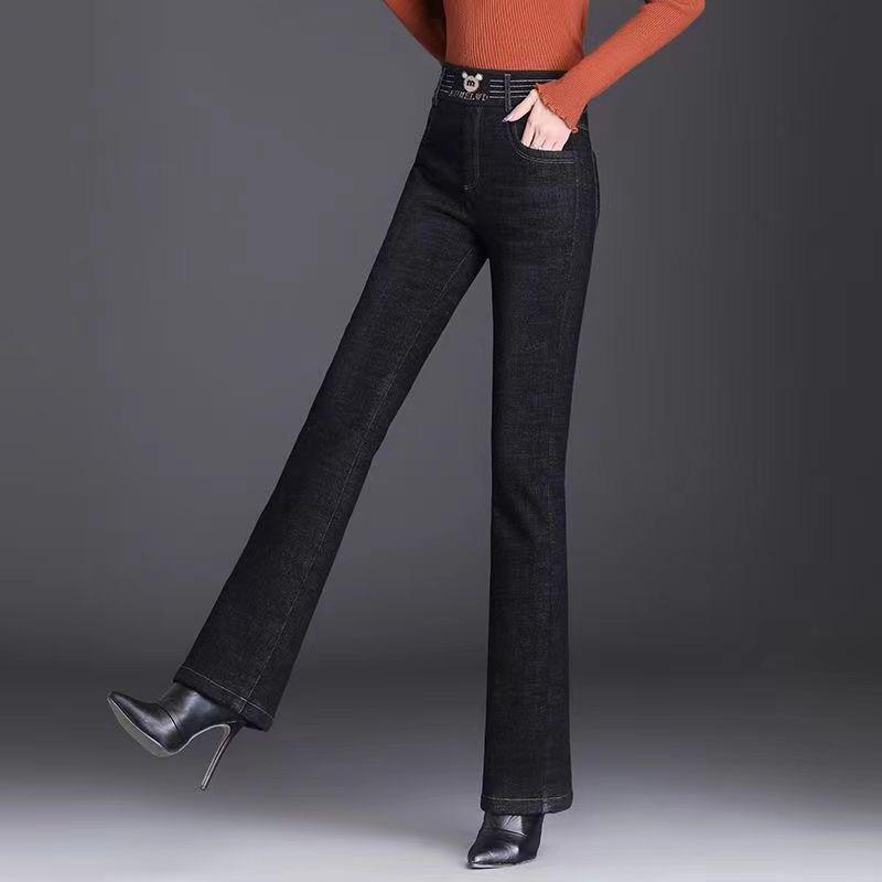 Jeans de Felpa de Piel de Cordero de Invierno de Cintura Alta para Mujer - Pantalones Acampanados de Algodón 2023