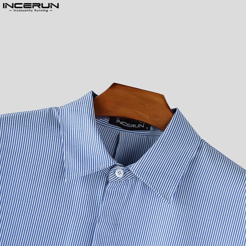 INCERUN Men Lapel Neck Short Sleeve Striped Casual Loose Irregular Cropped Shirts