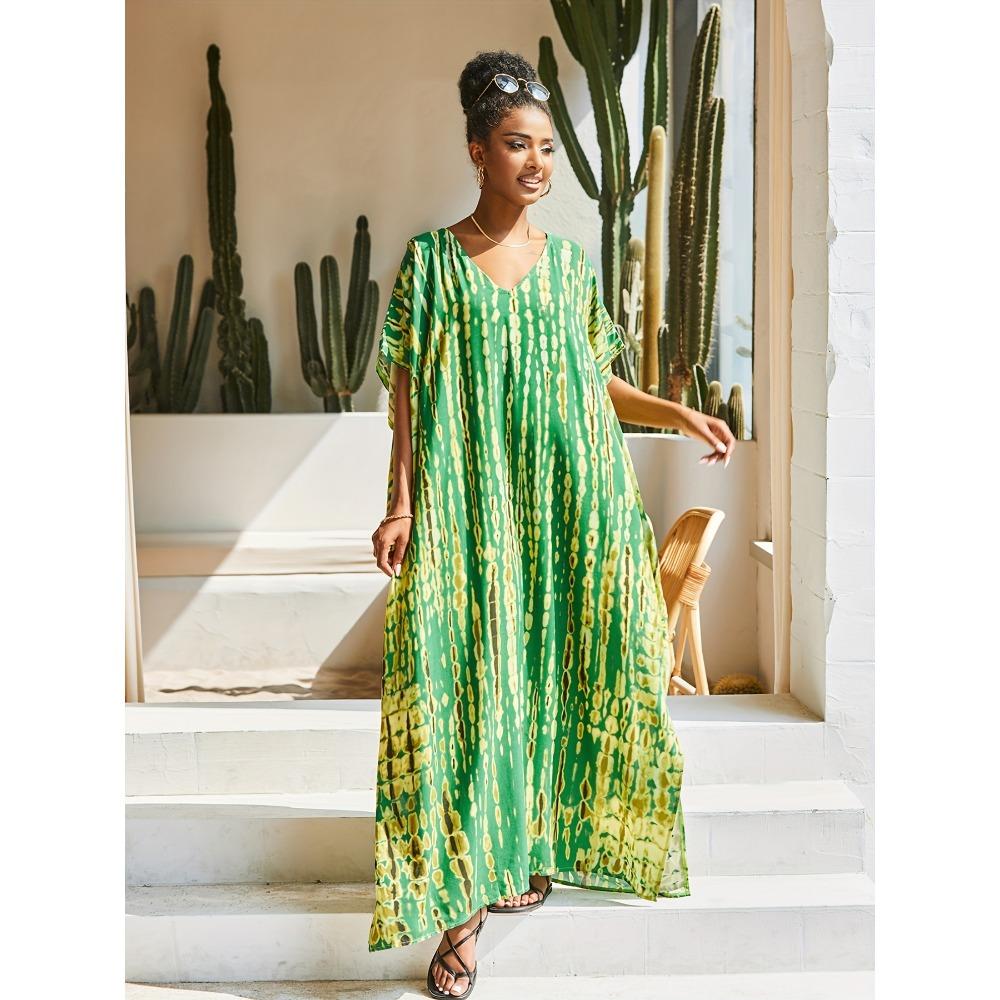 Plus Size Boho Cover Up, Women's Plus Tie Dye Striped V Neck Bat Sleeve Split Beach Cover Up Dress