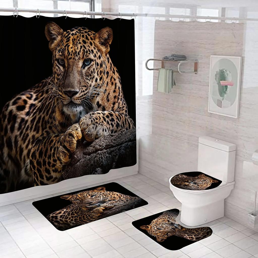 Black Tiger Animals Printed Shower Curtain Set Bathroom Bathing Screen Anti-Slip Toilet Lid Cover Carpet Rugs Kitchen Home Decor