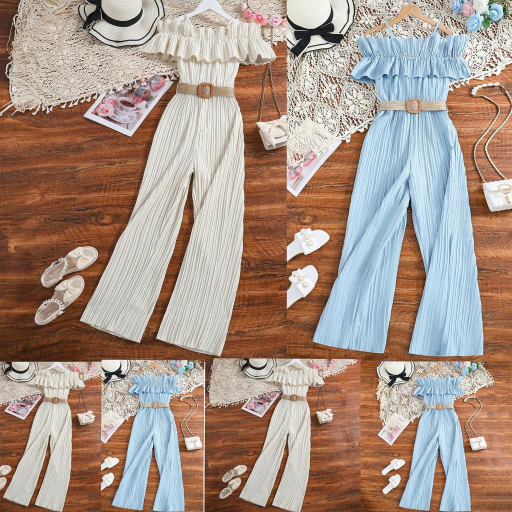 Sweet Rompers for Girls Summer Kids Fashion Suspender One-line Shoulder Patchwork Lace Waist Rompers