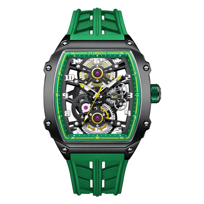 STARKING MIYOTA 6T15 Automatic Mechanical Watch Skeleton Dial Silicone Band Waterproof Luminous Tonneau Design Men's Wristwatch