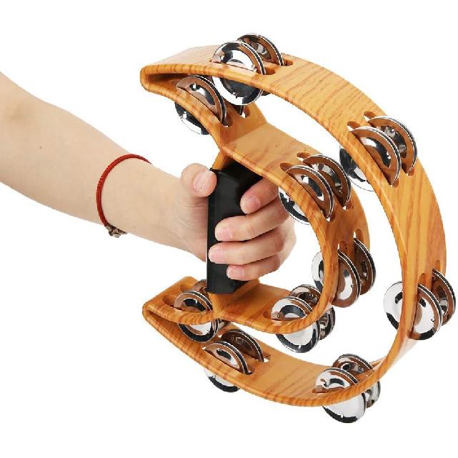 Tambourine, Double Row Metal Jingles Hand Held Percussion Tambourine Half Moon Handbell Musical Instrument with Ergonomic Grip for Adults