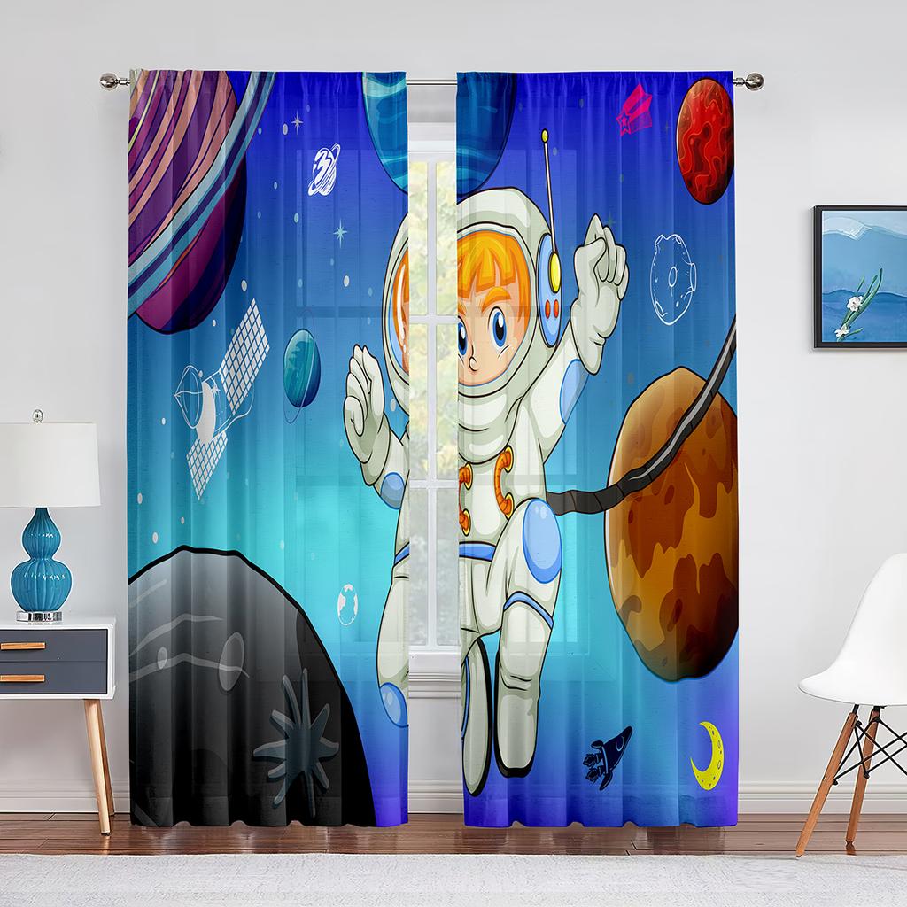 Cartoon Outer Space Astronaut Planet Sheer Voile Curtains for Living Room Bedroom Kitchen Decor Chiffon Tulle Window Curtains