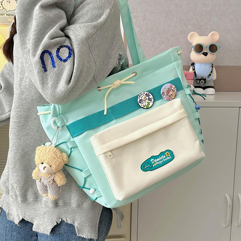 Student Class Shoulder Bag Girls Nylon Bag Color Contrast Large Capacity Tote Bag