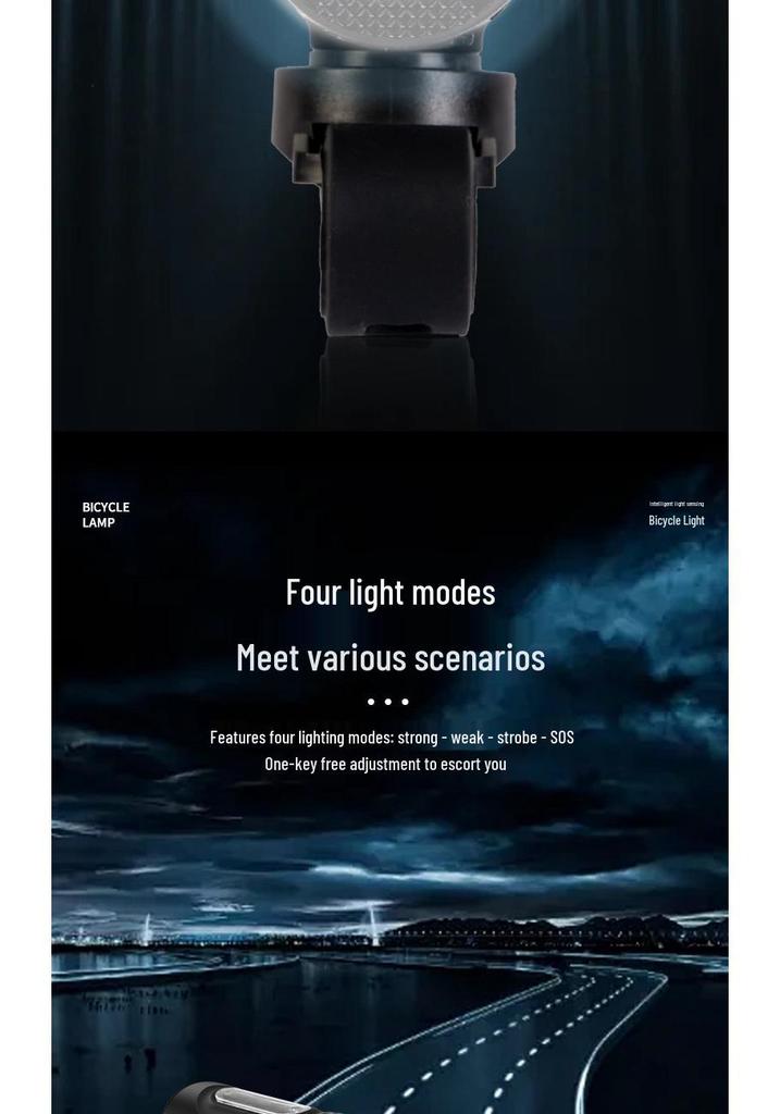 Bicycle Smart Front Light, Type-C Charged, Long Battery Life, Power Display, Large Capacity, Light-Sensitive, Ideal for Night Riding.