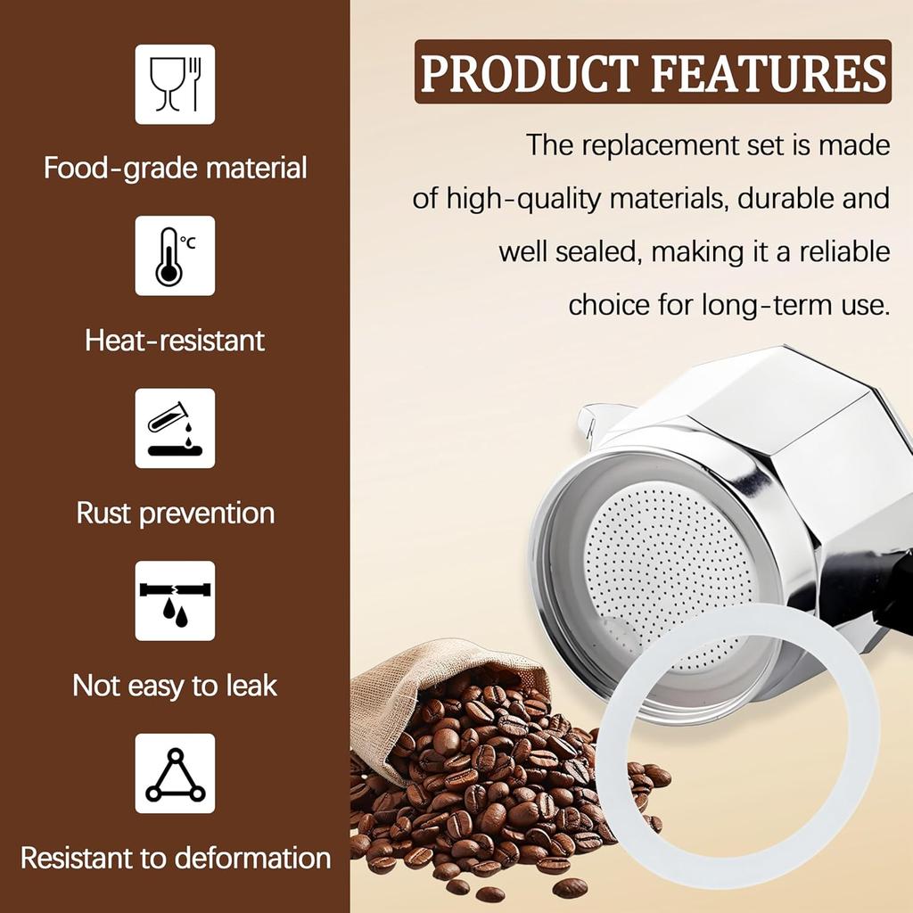 Silicone Sealing Ring Aluminum Replacement Filter 1 Cup For Stove Top Espresso Maker Replacement Filler Parts Set Includes 1 Filter and 3 Upgraded