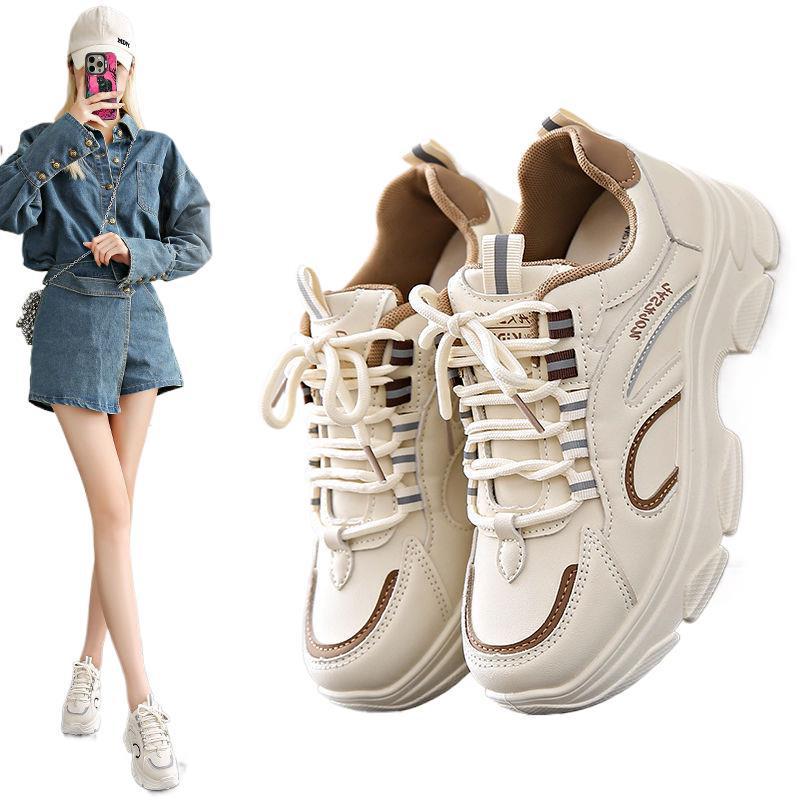 Women's Genuine Leather Dad Shoes - Stylish, Non-slip, Thick Sole Casual Sneakers for Autumn/Winter