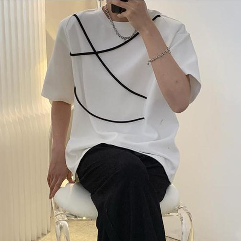 Summer Men Korean Fashion Drawstring Designer Chic Basic T Shirt Round Neck Short Sleeve Loose Tops